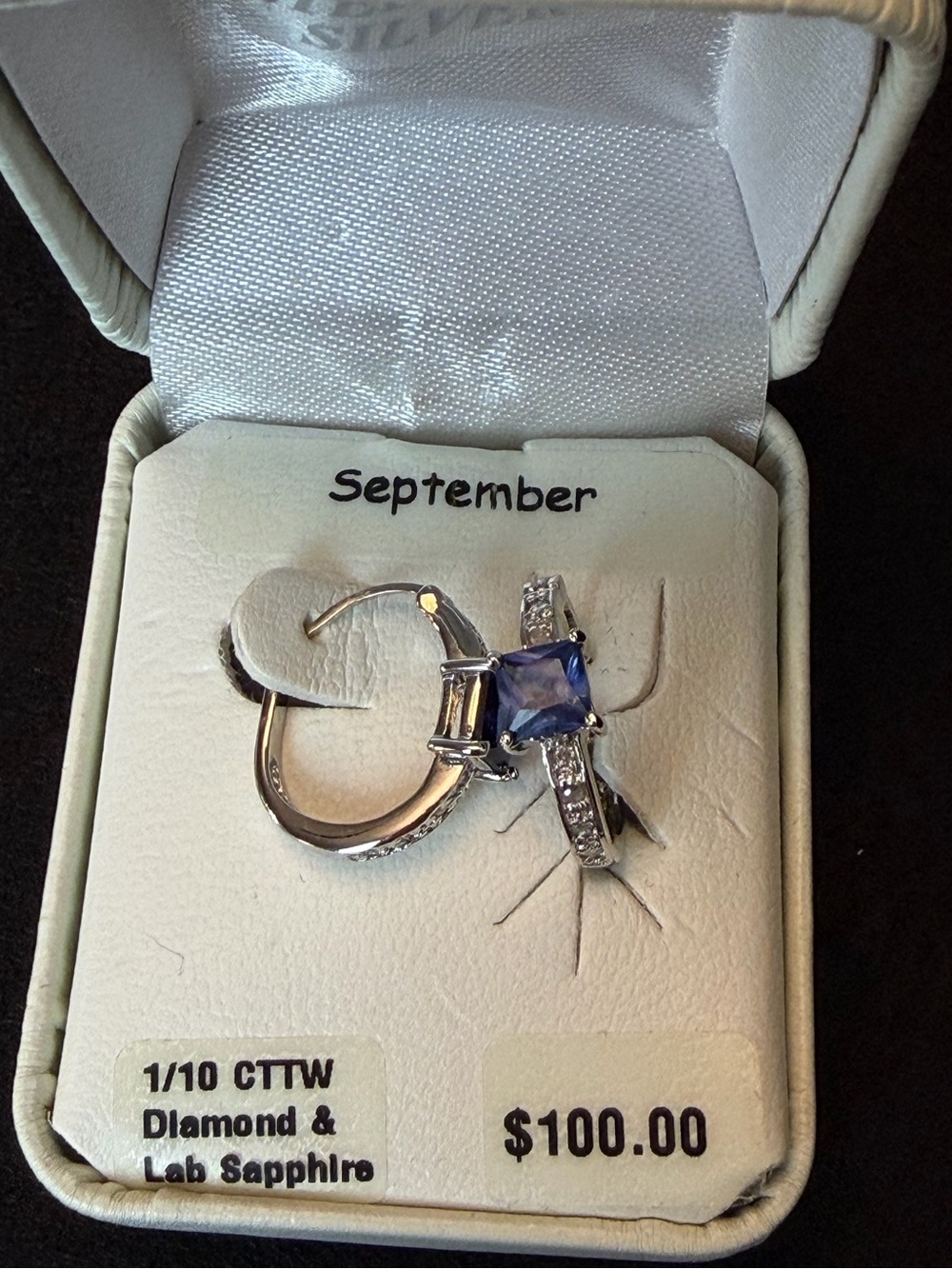 Sterling Silver Diamond & Lab Sapphire Hoop Earrings | 1/10 CTTW | September